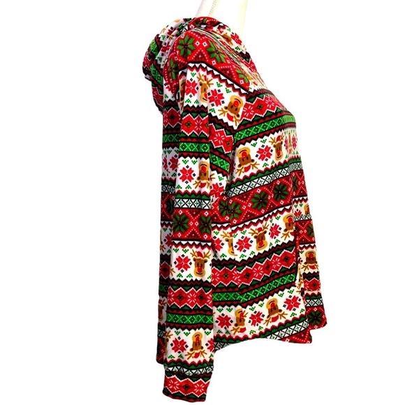 Ugly Christmas Sweater Hoodie Fair Isle Print Velvety Velour Front Pocket OS - Picture 4 of 14